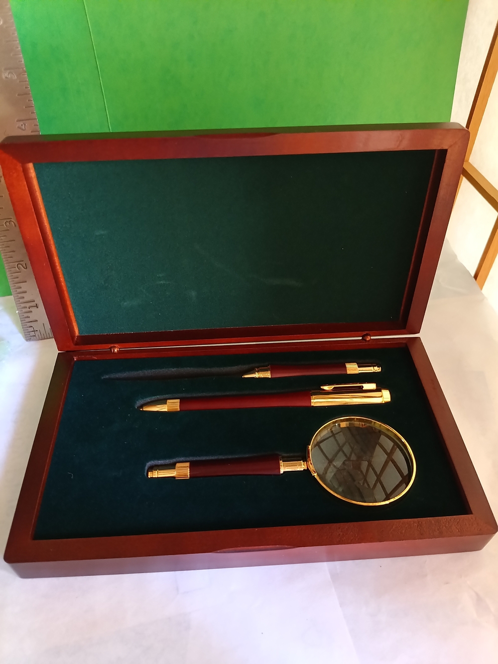 Bombay Company Mahogany Letter Opener, Magnifying Glass, and Pen Gift Set, never